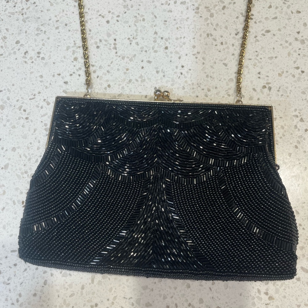Vintage La Regale Black Beaded Evening Bag w/ Gold Chain